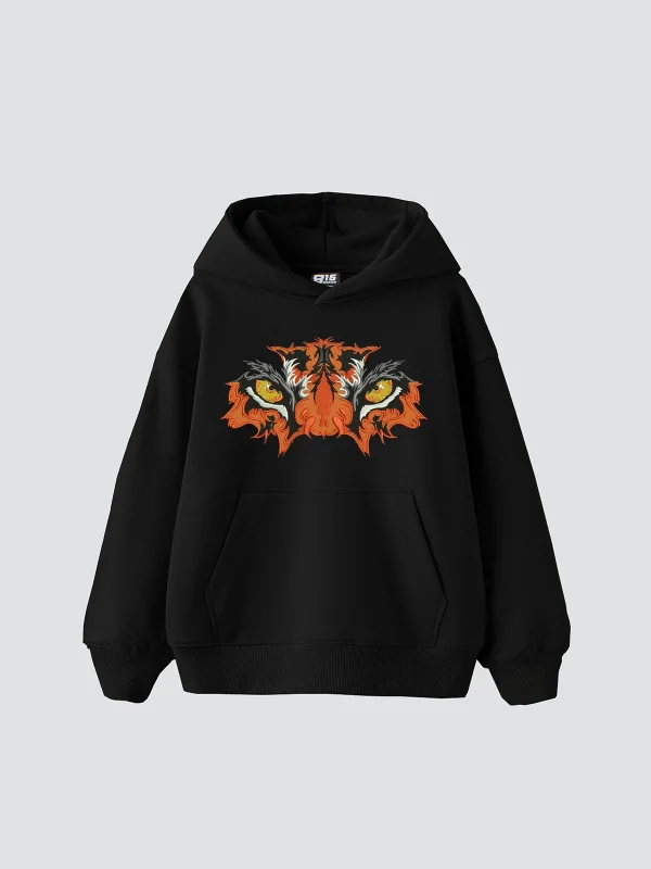 Tiger Eyes1 Baskılı Oversize Unisex Premium Siyah Hoodie