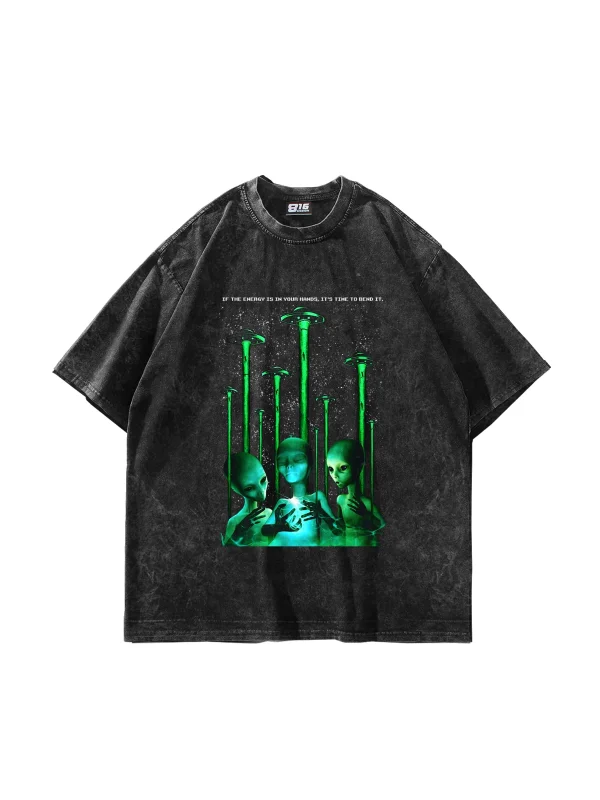 Time To Bend It Baskılı Oversize Unisex Yıkamalı Siyah Tshirt