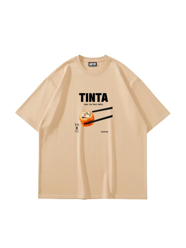 Tinta Suşi Baskılı Bej Oversize Tshirt