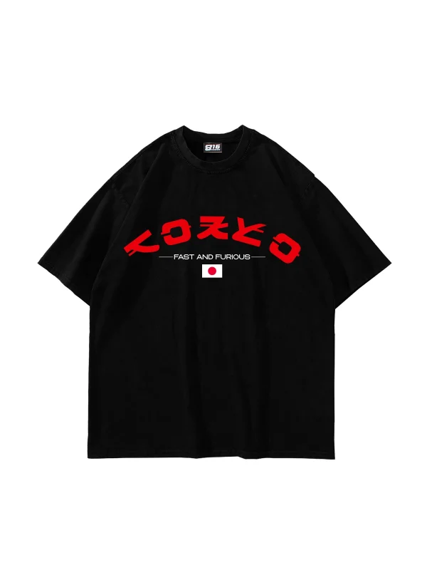 Tokyo Fast and Furious Baskılı Siyah Oversize Tshirt