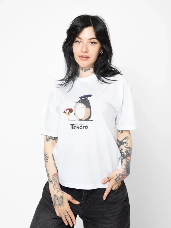 Totoro Baskılı Rahat Kalıp 30/1 Unisex Beyaz Tshirt