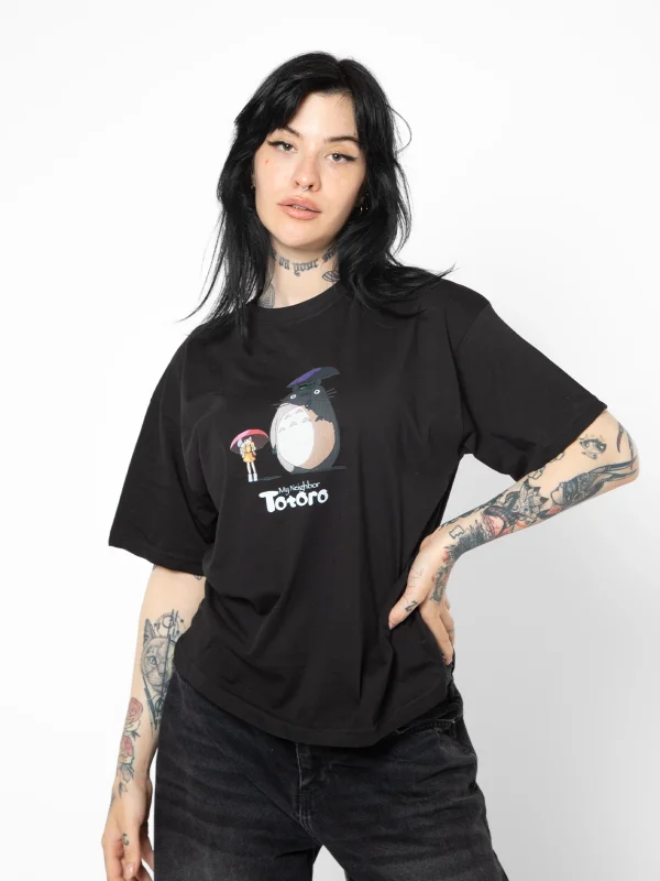 Totoro Baskılı Rahat Kalıp 30/1 Unisex Siyah Tshirt