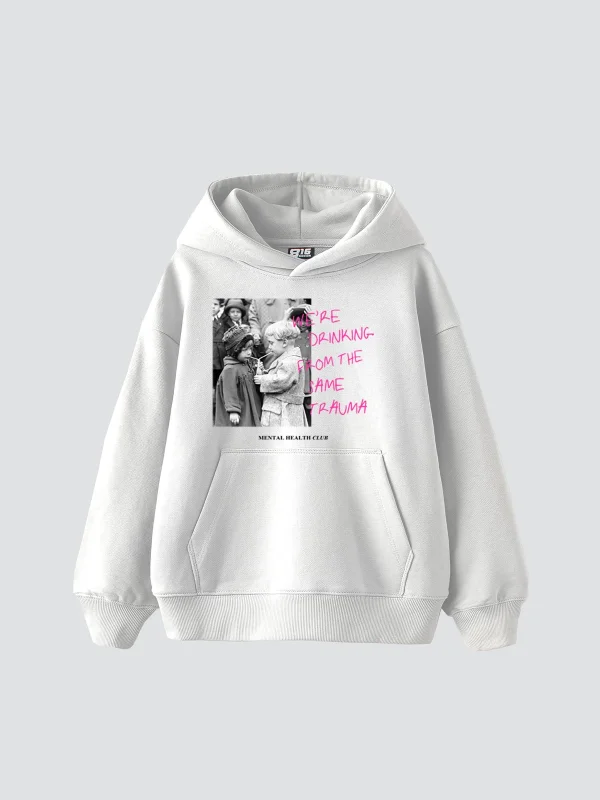 Trauma Baskılı Oversize Unisex Beyaz Hoodie