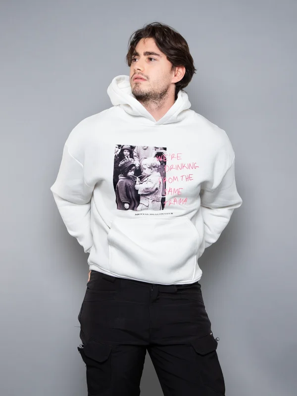 Trauma Baskılı Oversize Unisex Beyaz Hoodie