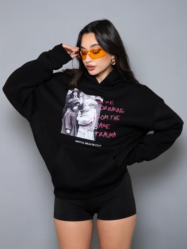 Trauma Baskılı Oversize Unisex Siyah Hoodie