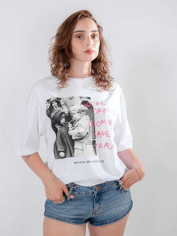 Trauma Vintage Baskılı Oversize Unisex Beyaz Tshirt