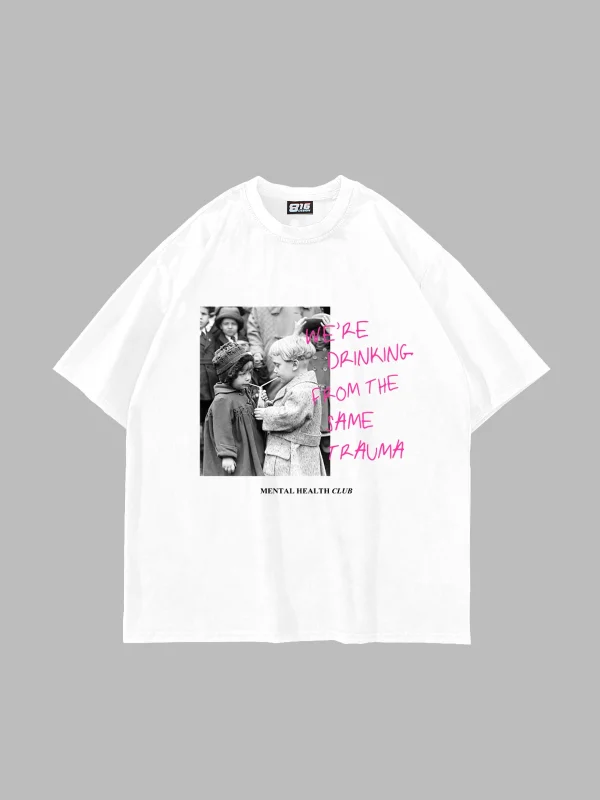 Trauma Vintage Baskılı Oversize Unisex Beyaz Tshirt