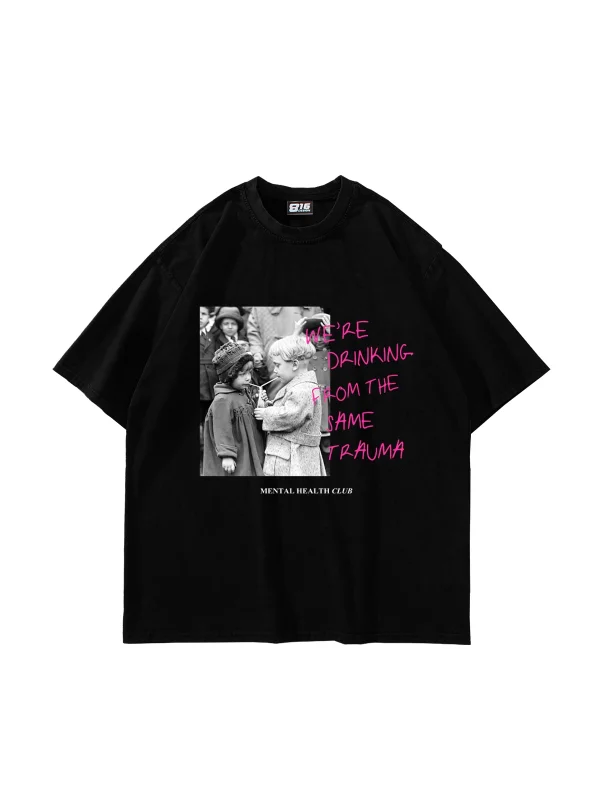 Trauma Vintage Baskılı Oversize Unisex Siyah Tshirt