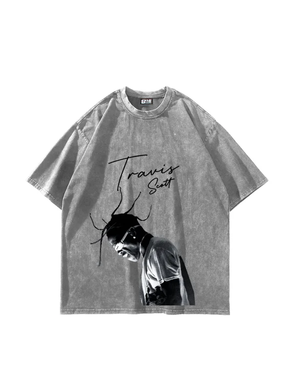 Travis Scott Baskılı Oversize Unisex Yıkamalı Beyaz Tshirt
