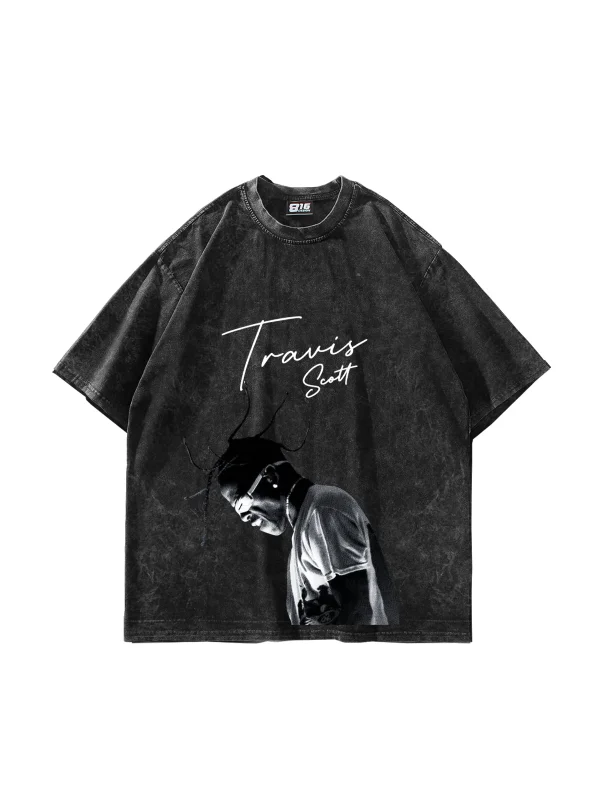 Travis Scott Baskılı Oversize Unisex Yıkamalı Siyah Tshirt