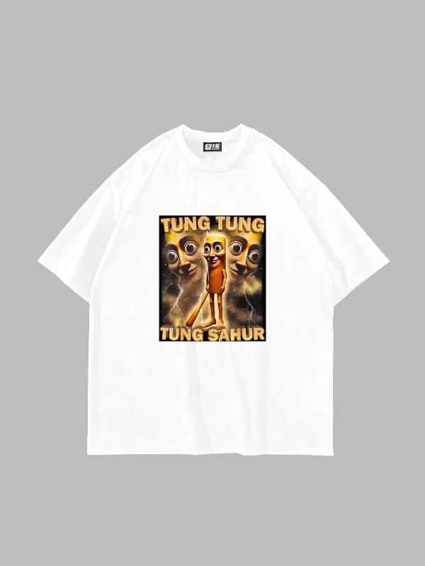 Tung Tung Tung Sahur Baskılı Oversize Unisex Beyaz Tshirt