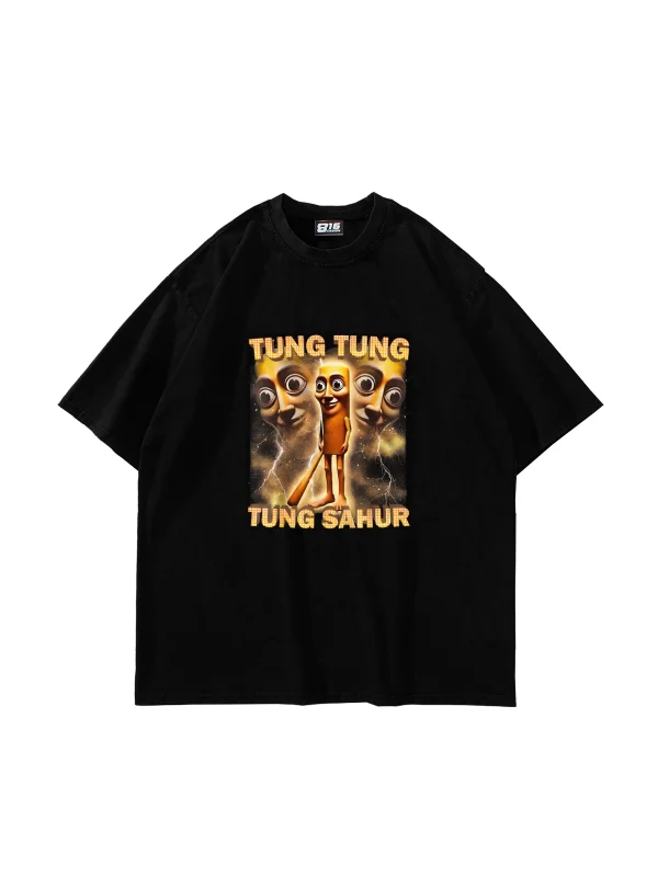 Tung Tung Tung Sahur Baskılı Oversize Unisex Siyah Tshirt