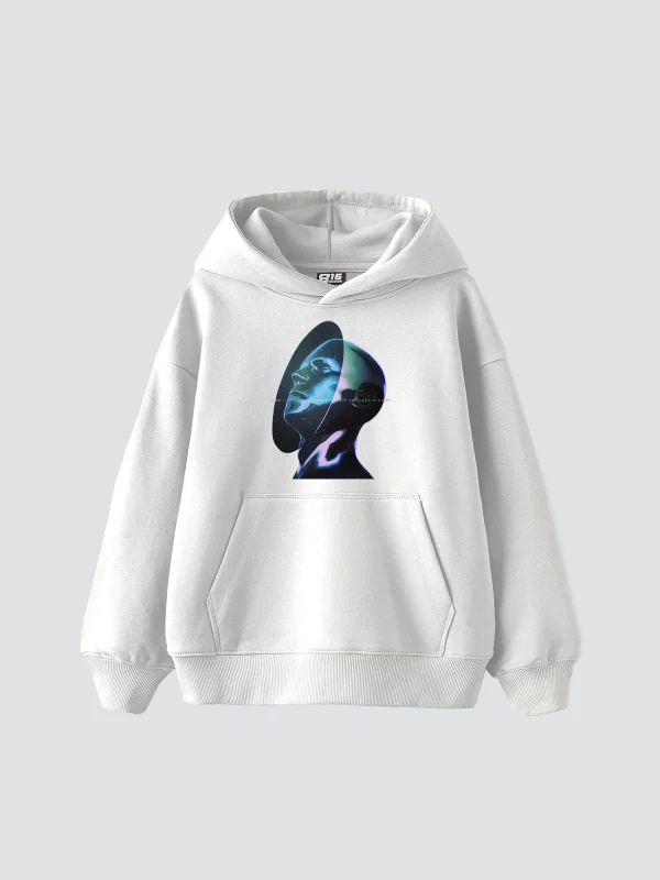 Universe Man Baskılı Oversize Unisex Premium Beyaz Hoodie