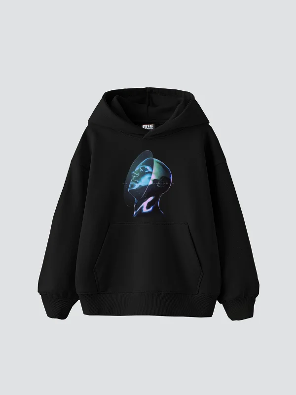 Universe Man Baskılı Oversize Unisex Premium Siyah Hoodie