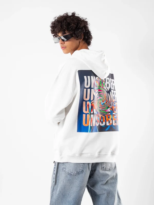 Unsober Baskılı Oversize Unisex Beyaz Hoodie