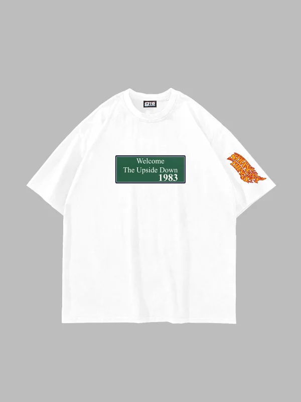 Upside Down Baskılı Oversize Unisex Beyaz Tshirt