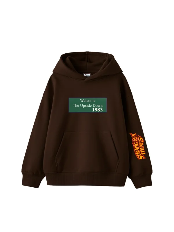 Upside Down Baskılı Oversize Unisex Kahverengi Hoodie