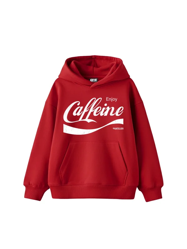 Caffeine Baskılı Oversize Unisex Kırmızı Hoodie