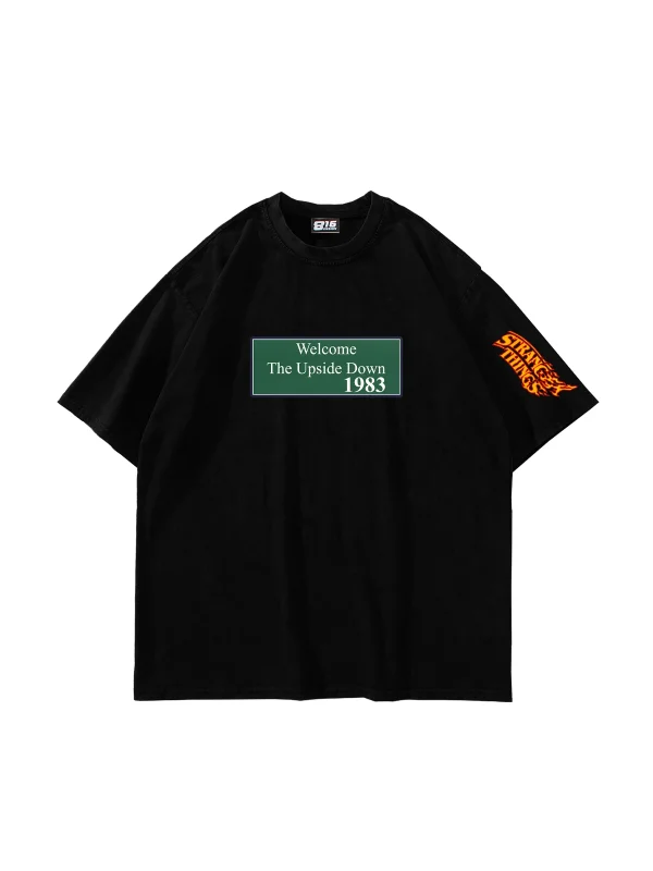 Upside Down Baskılı Oversize Unisex Siyah Tshirt