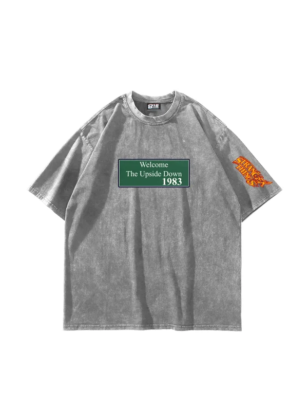 Upside Down Baskılı Oversize Unisex Yıkamalı Beyaz Tshirt