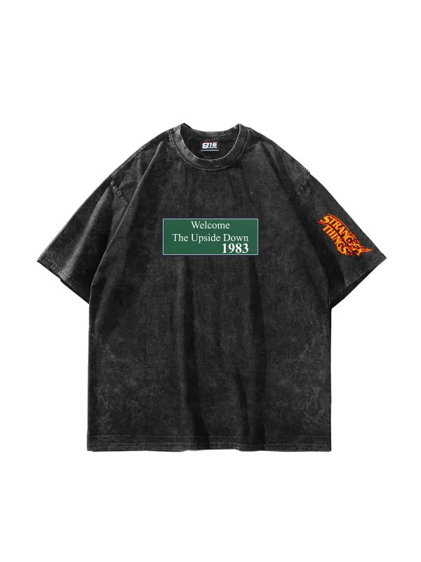 Upside Down Baskılı Oversize Unisex Yıkamalı Siyah Tshirt