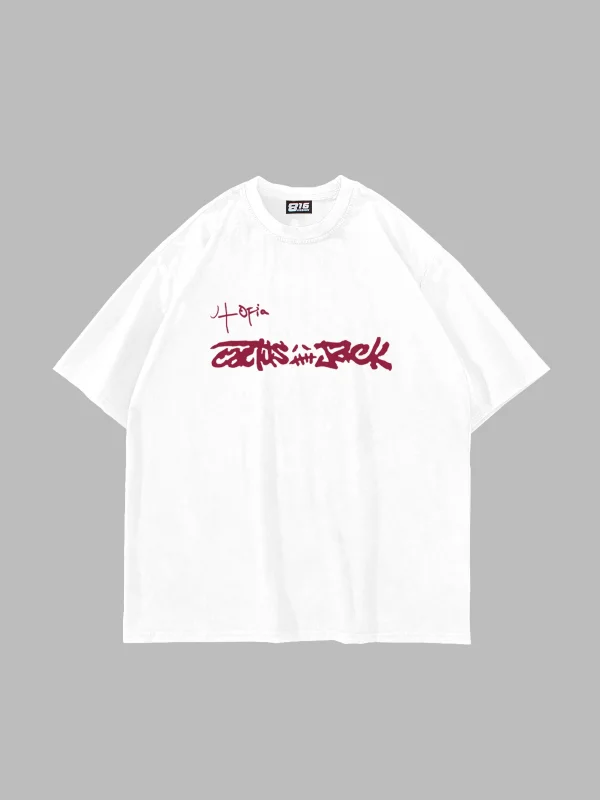 Utopia Cactus Jack Baskılı Oversize Unisex Beyaz Tshirt