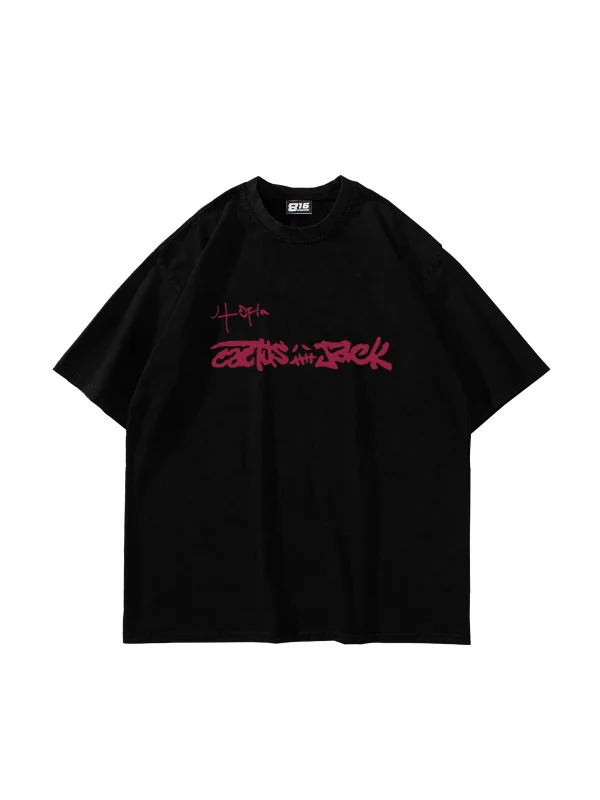 Utopia Cactus Jack Baskılı Oversize Unisex Siyah Tshirt