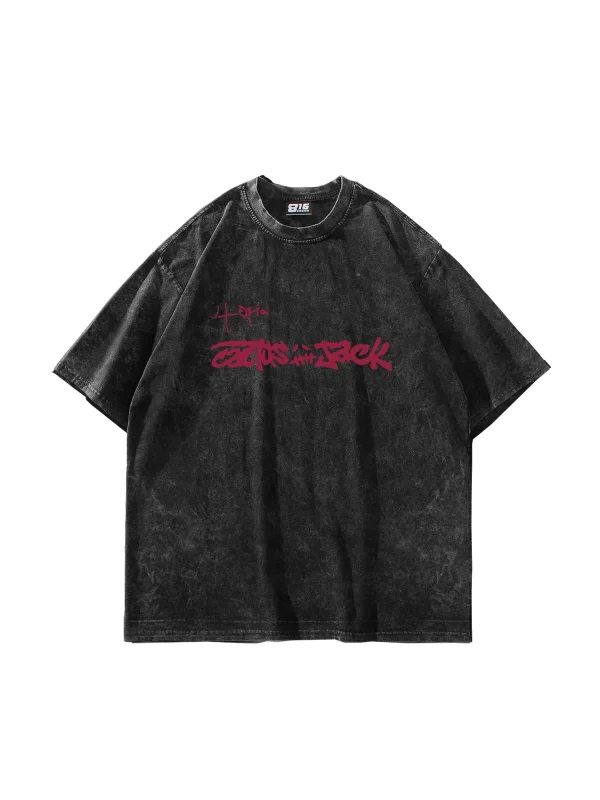 Utopia Cactus Jack Baskılı Oversize Unisex Yıkamalı Siyah Tshirt
