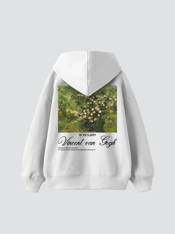 V. Van Gogh Roses Baskılı Oversize Unisex Beyaz Hoodie