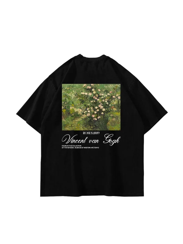 V. Van Gogh Roses Baskılı Oversize Unisex Siyah Tshirt