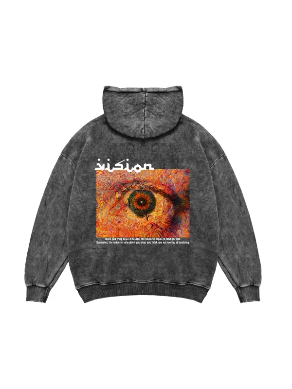 Vision Baskılı Oversize Unisex Premium Yıkamalı Siyah Hoodie
