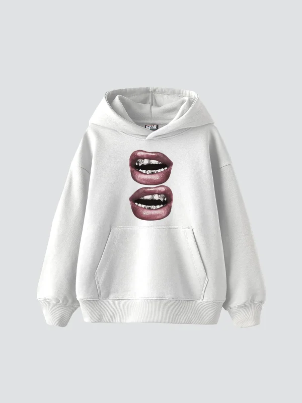 V2 Lip Teeths Baskılı Oversize Unisex Beyaz Hoodie
