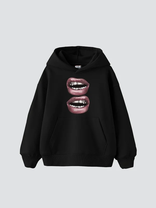 V2 Lip Teeths Baskılı Oversize Unisex Siyah Hoodie