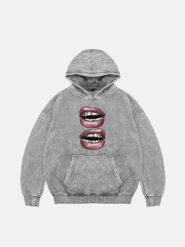 V2 Lip Teeths Baskılı Oversize Unisex Yıkamalı Beyaz Hoodie