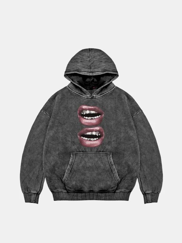 V2 Lip Teeths Baskılı Oversize Unisex Yıkamalı Siyah Hoodie