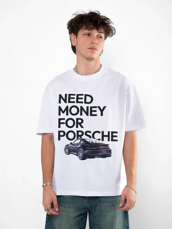 V2 Need Money For Porsche Baskılı Oversize Unisex Beyaz Tshirt