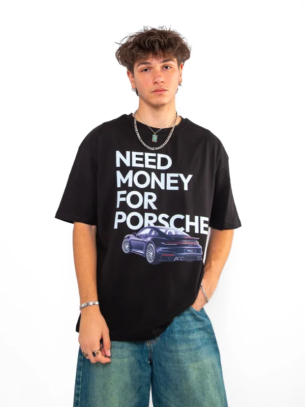 V2 Need Money For Porsche Baskılı Oversize Unisex Siyah Tshirt