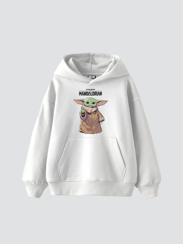 V2 The Mandalorian Yoda Baskılı Oversize Unisex Premium Beyaz Hoodie