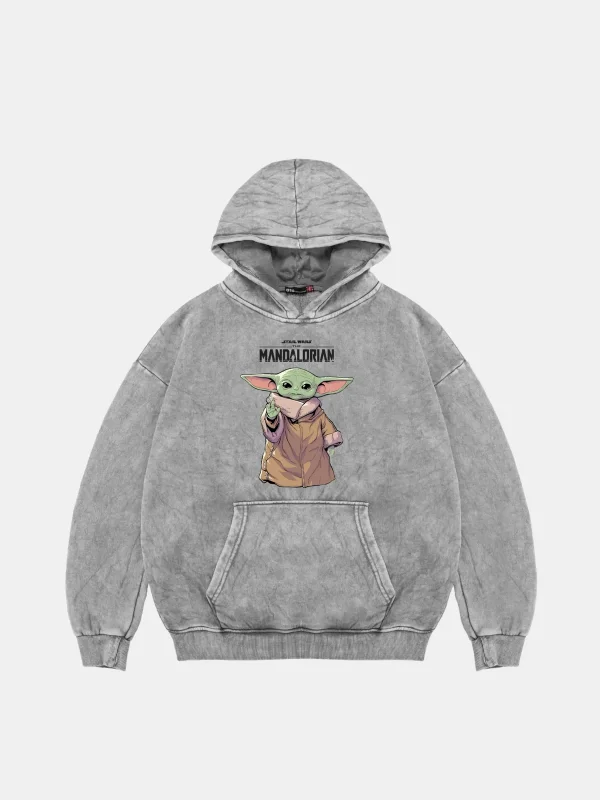 V2 The Mandalorian Yoda Baskılı Oversize Unisex Premium Yıkamaı Beyaz Hoodie