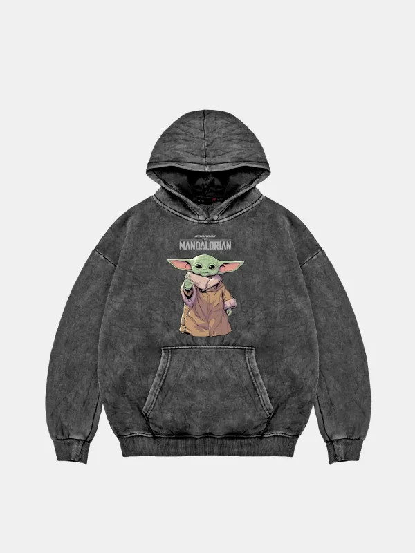 V2 The Mandalorian Yoda Baskılı Oversize Unisex Premium Yıkamalı Siyah Hoodie