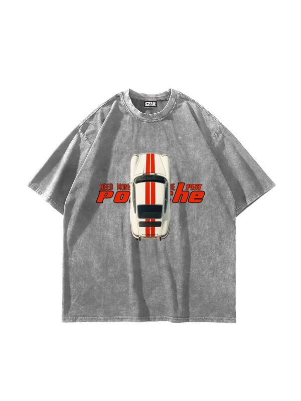 V3 Need Money For Porsche Baskılı Oversize Unisex Yıkamalı Beyaz Tshirt