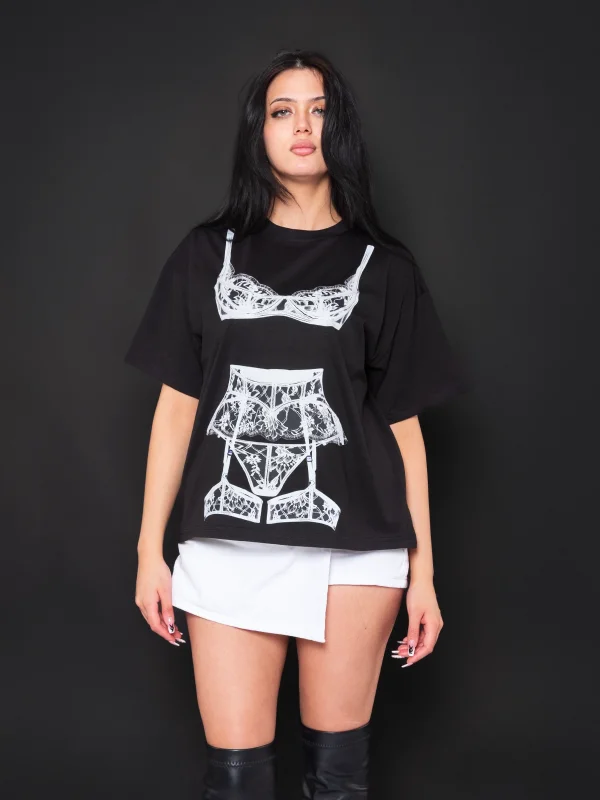 Valentine Baskılı Relaxed Fit Siyah Kadın Tshirt