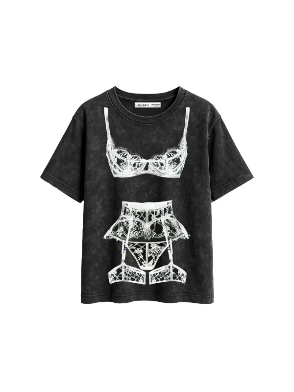 Valentine Baskılı Relaxed Fit Yıkamalı Siyah Kadın Tshirt