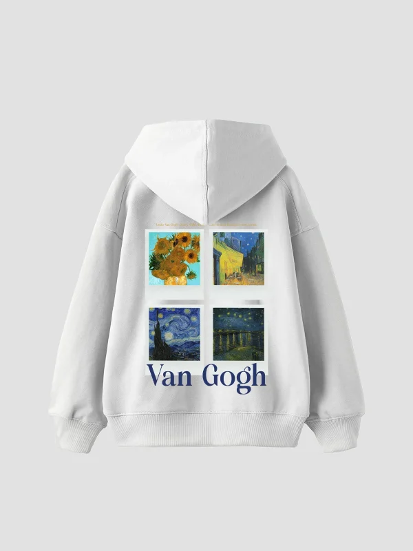 Van Gogh Polaroid Baskılı Oversize Unisex Beyaz Hoodie