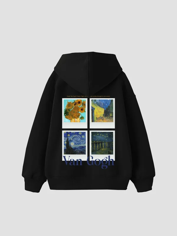 Van Gogh Polaroid Baskılı Oversize Unisex Siyah Hoodie
