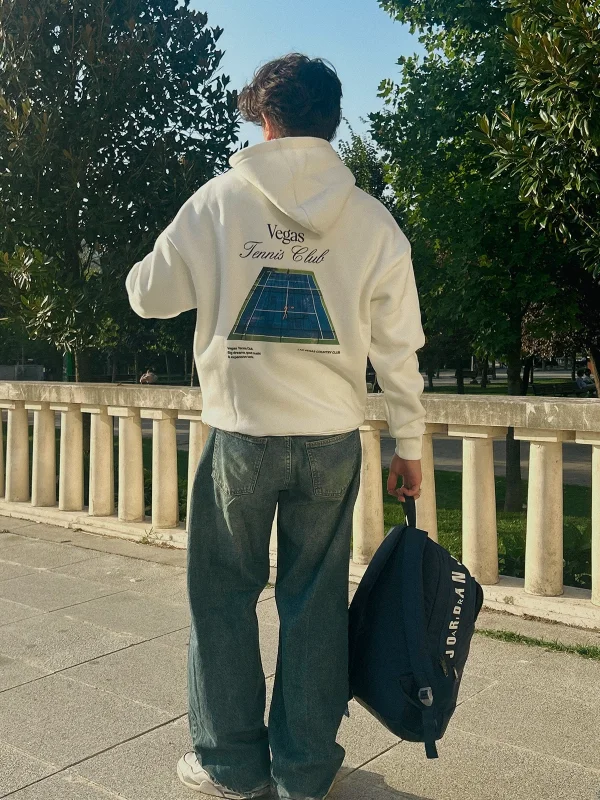 Vegas Tennis Club Baskılı Oversize Unisex Beyaz Hoodie