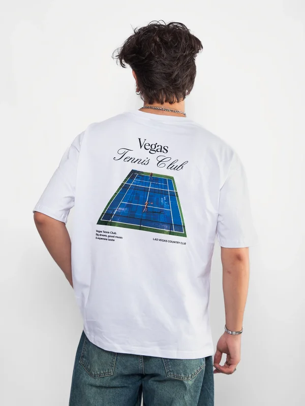 Vegas Tennis Club Baskılı Oversize Unisex Beyaz Tshirt