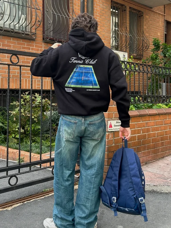 Vegas Tennis Club Baskılı Oversize Unisex Siyah Hoodie