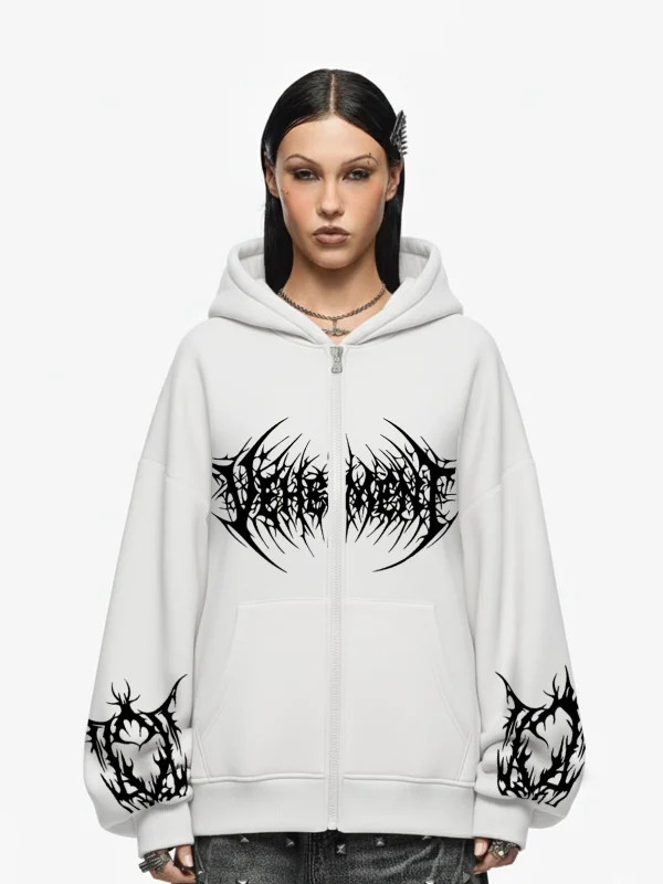 Vehement Baskılı Fermuarlı Zip Kapüşonlu Unisex Beyaz Sweatshirt