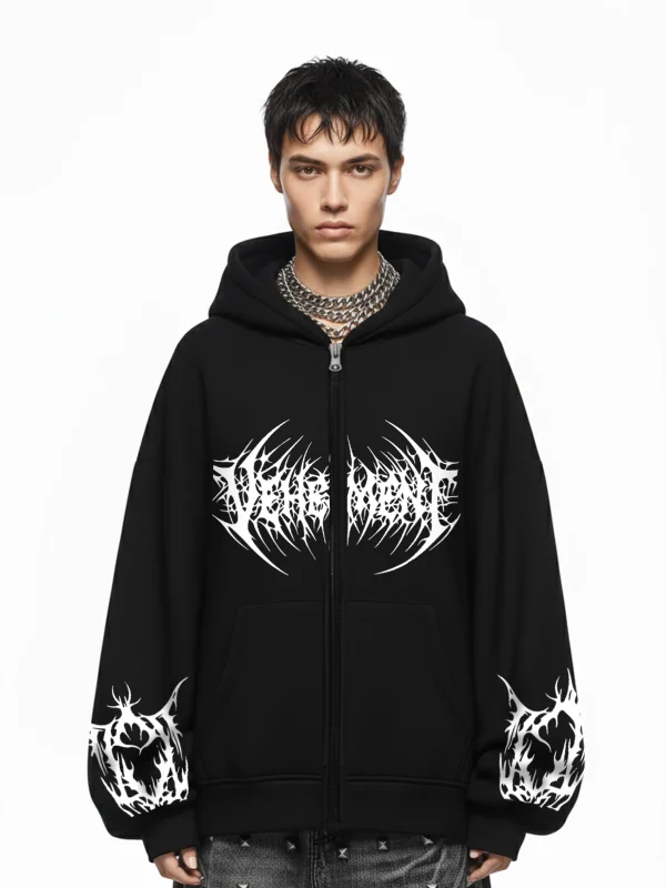 Vehement Baskılı Fermuarlı Zip Kapüşonlu Unisex Siyah Sweatshirt